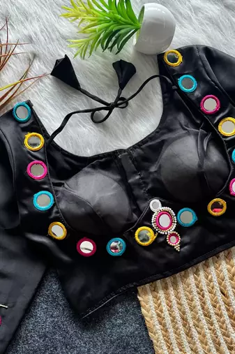 Navratri wear black color galaxy silk thread mirror kardana work readymade blouse