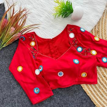 Navratri red galaxy silk thread mirror kardana work readymade blouse 1