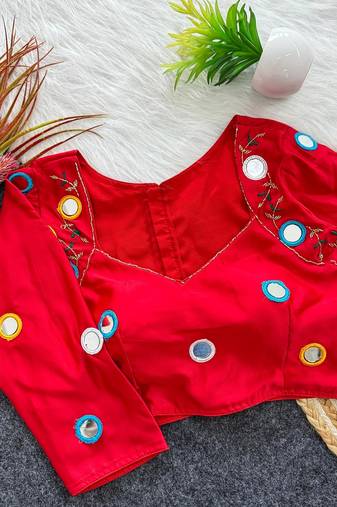 Navratri red galaxy silk thread mirror kardana work readymade blouse