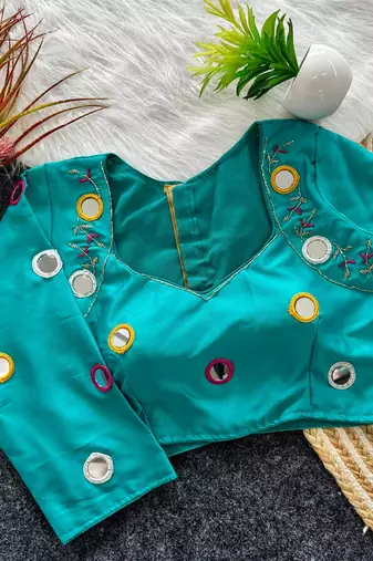 Navratri sky blue galaxy silk thread mirror kardana work readymade blouse