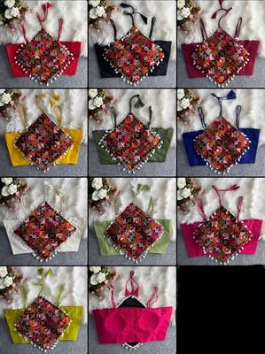Navratri wear blue color cotton thread kaudi hand mirror work noodles strips readymade blouse 3