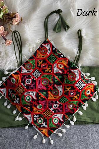 Navratri dark pista cotton thread kaudi hand mirror work noodles strips readymade blouse