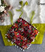 Navratri lemon green cotton thread kaudi hand mirror work noodles strips readymade blouse