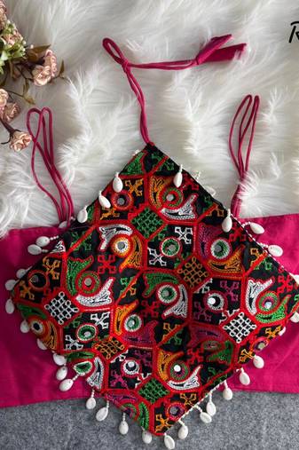 Navratri rani cotton thread kaudi hand mirror work noodles strips readymade blouse