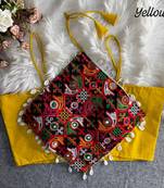 Navratri yellow cotton thread kaudi hand mirror work noodles strips readymade blouse