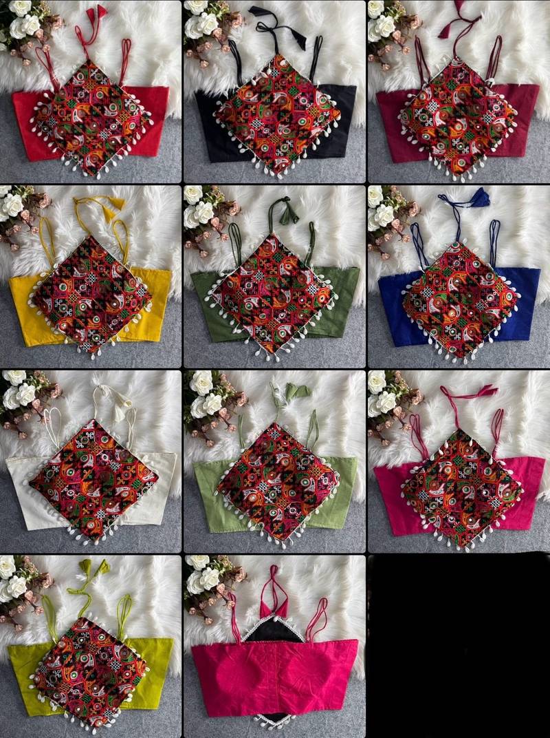 Navratri yellow cotton thread kaudi hand mirror work noodles strips readymade blouse