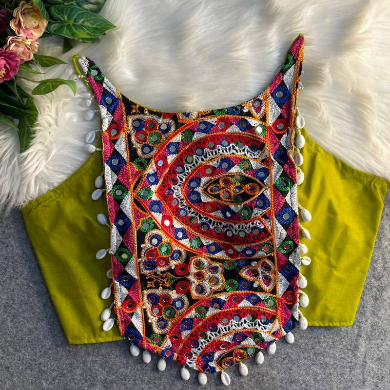 Navratri lemon cotton thread kaudi hand mirror work corset style readymade blouse