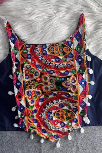 Navratri navy blue cotton thread kaudi hand mirror work corset style readymade blouse