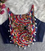 Navratri navy blue cotton thread kaudi hand mirror work corset style readymade blouse