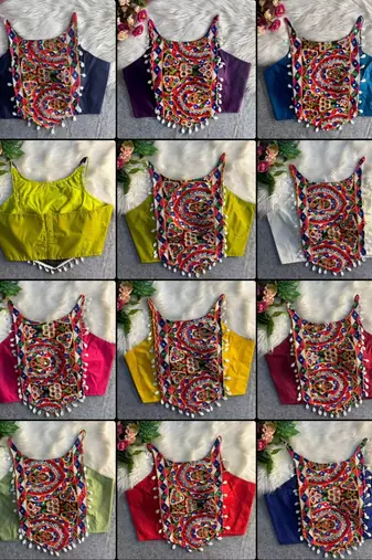 Navratri navy blue cotton thread kaudi hand mirror work corset style readymade blouse