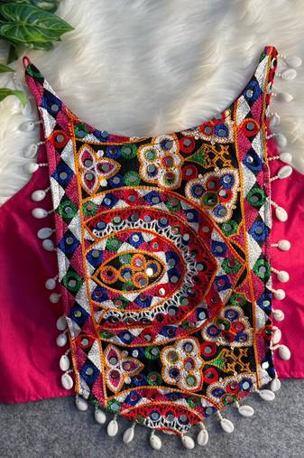 Navratri pink cotton thread kaudi hand mirror work corset style readymade blouse