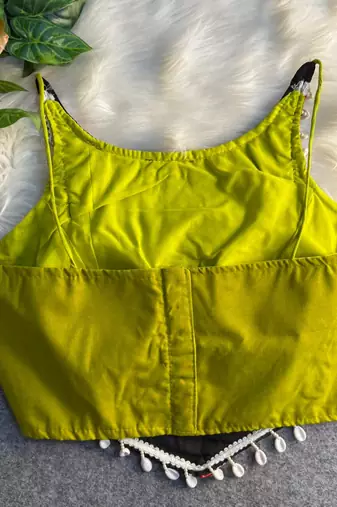 Navratri pink cotton thread kaudi hand mirror work corset style readymade blouse