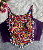 Navratri purple cotton thread kaudi hand mirror work corset style readymade blouse