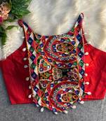Navratri red cotton thread kaudi hand mirror work corset style readymade blouse