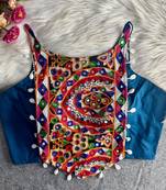 Navratri sky cotton thread kaudi hand mirror work corset style readymade blouse