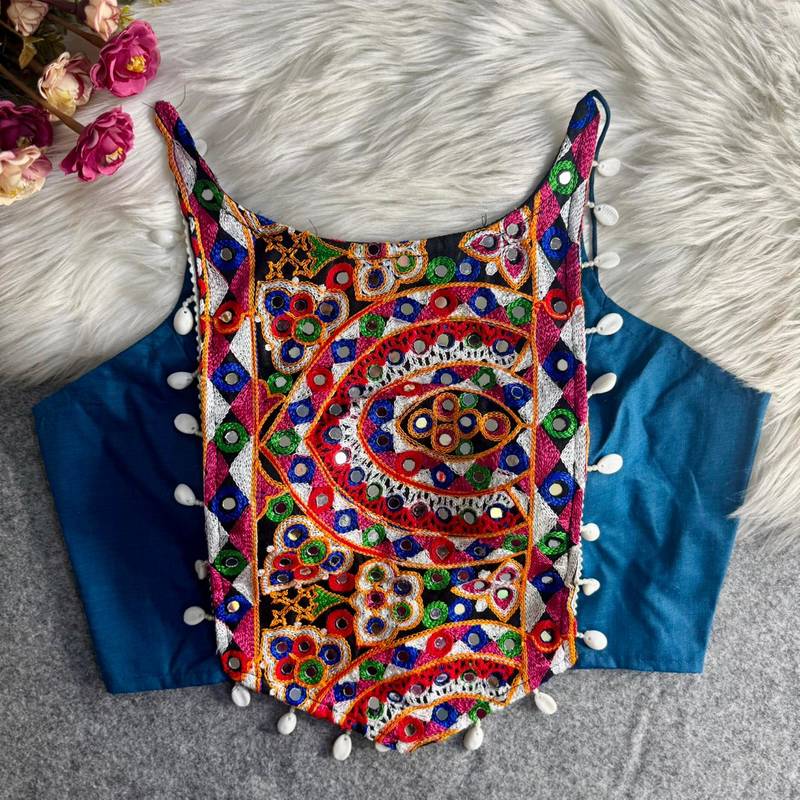 Navratri sky cotton thread kaudi hand mirror work corset style readymade blouse
