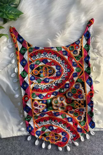 Navratri white cotton thread kaudi hand mirror work corset style readymade blouse