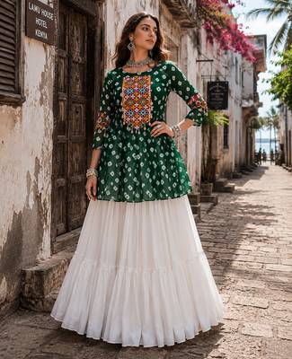 Green Navrat Special Designer Kediya Lehenga Set with Mirror Work 1