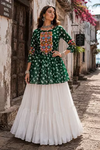 Green Navrat Special Designer Kediya Lehenga Set with Mirror Work