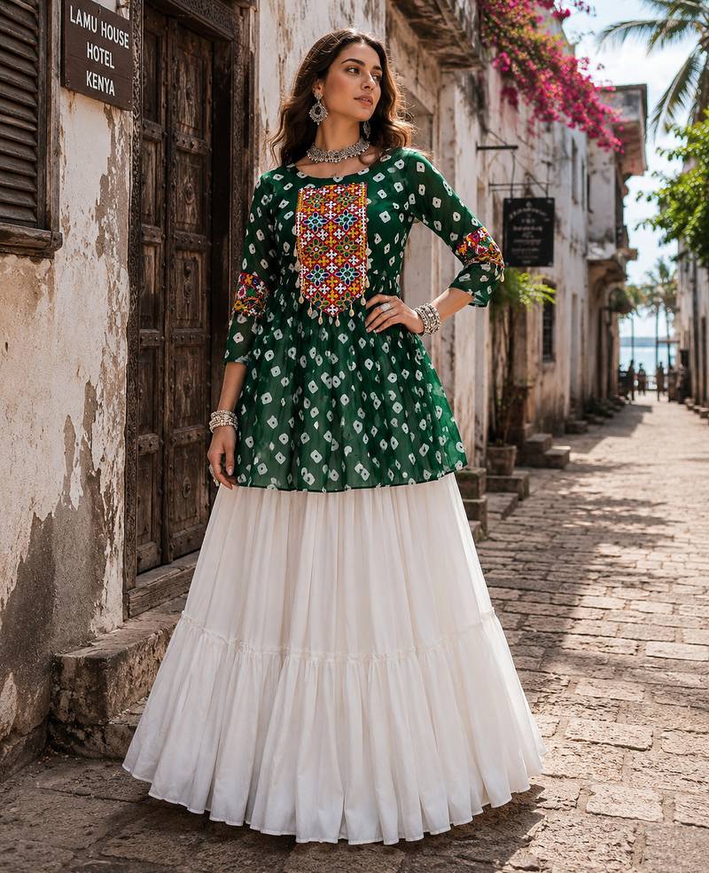 Green Navrat Special Designer Kediya Lehenga Set with Mirror Work