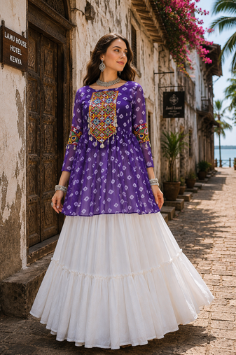 Lavender Navrat Special Designer Kediya Lehenga Set with Mirror Work