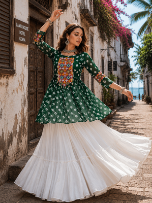 Green Navrat Special Designer Kediya Lehenga Set with Mirror Work 2