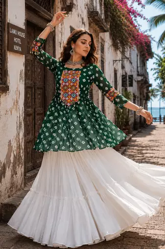 Green Navrat Special Designer Kediya Lehenga Set with Mirror Work