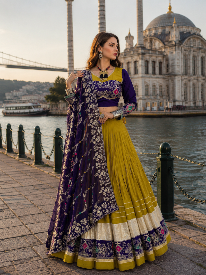 Mustard Navratri Special Pure Cotton Embroidered Lehenga Choli