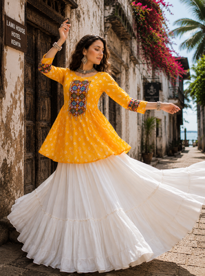 Yellow Navrat Special Designer Kediya Lehenga Set with Mirror Work 1