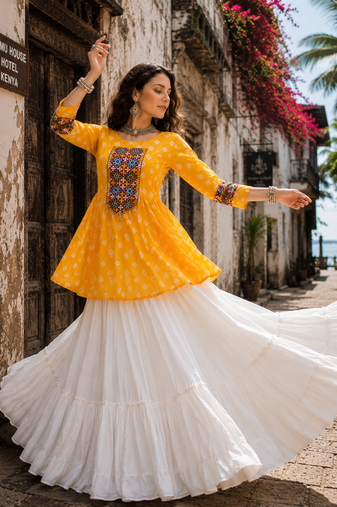 Yellow Navrat Special Designer Kediya Lehenga Set with Mirror Work