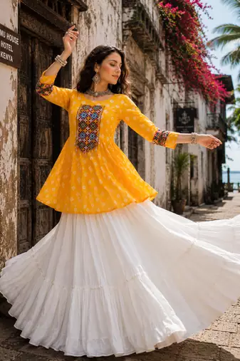 Yellow Navrat Special Designer Kediya Lehenga Set with Mirror Work