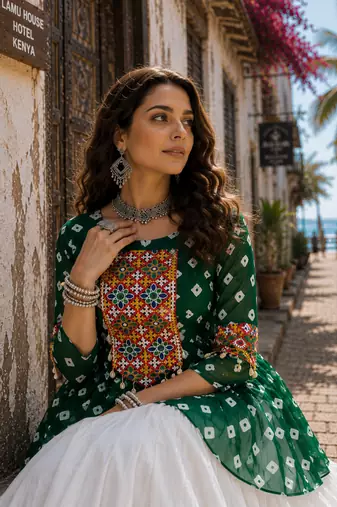 Green Navrat Special Designer Kediya Lehenga Set with Mirror Work