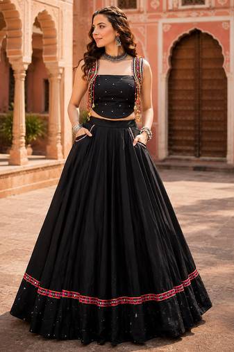 Black Designer Mirror Work Pure Cotton Navratri Lehenga Choli