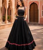 Black Designer Mirror Work Pure Cotton Navratri Lehenga Choli