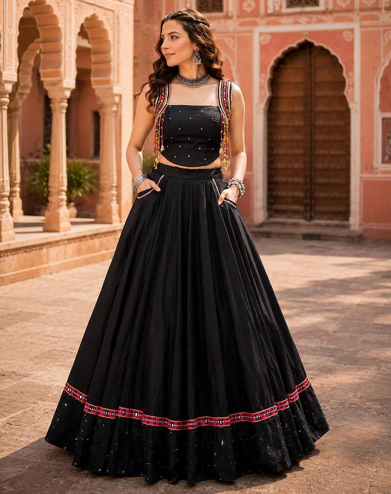 Black Designer Mirror Work Pure Cotton Navratri Lehenga Choli