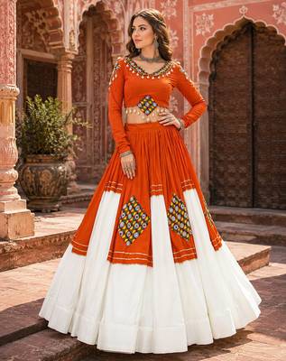 Orange Navratri Special Designer Gamthi Patch Work Rayon Lehenga Choli 1