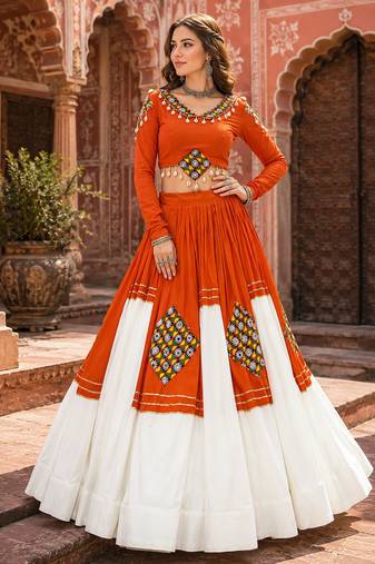 Orange Navratri Special Designer Gamthi Patch Work Rayon Lehenga Choli