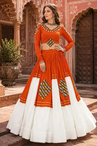 Orange Navratri Special Designer Gamthi Patch Work Rayon Lehenga Choli