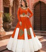 Orange Navratri Special Designer Gamthi Patch Work Rayon Lehenga Choli