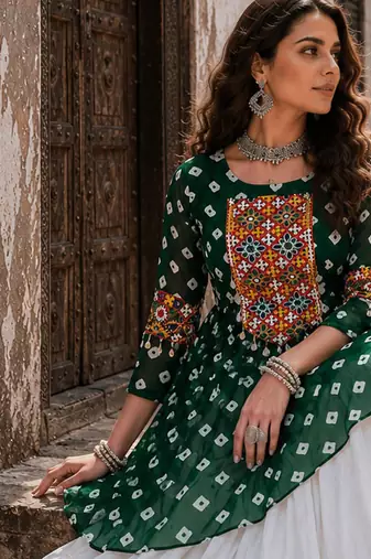 Green Navrat Special Designer Kediya Lehenga Set with Mirror Work