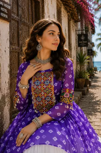 Lavender Navrat Special Designer Kediya Lehenga Set with Mirror Work