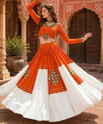 Orange Navratri Special Designer Gamthi Patch Work Rayon Lehenga Choli 2