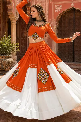 Orange Navratri Special Designer Gamthi Patch Work Rayon Lehenga Choli