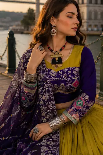 Mustard Navratri Special Pure Cotton Embroidered Lehenga Choli