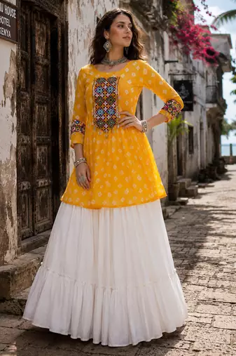 Yellow Navrat Special Designer Kediya Lehenga Set with Mirror Work