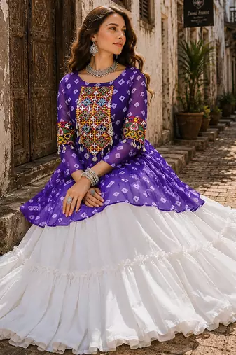 Lavender Navrat Special Designer Kediya Lehenga Set with Mirror Work