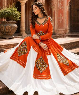 Orange Navratri Special Designer Gamthi Patch Work Rayon Lehenga Choli 3