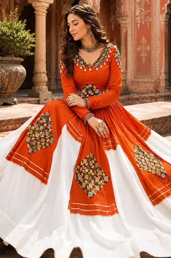 Orange Navratri Special Designer Gamthi Patch Work Rayon Lehenga Choli