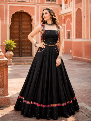 Black Designer Mirror Work Pure Cotton Navratri Lehenga Choli 2