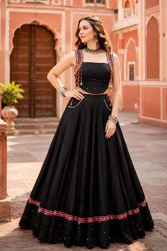 Black Designer Mirror Work Pure Cotton Navratri Lehenga Choli